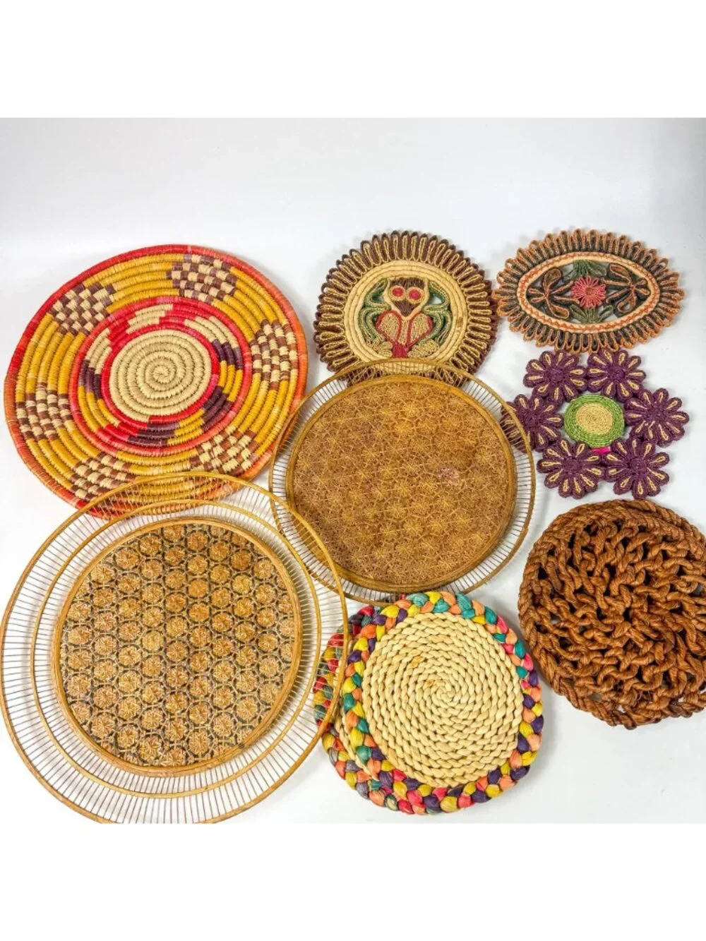 Vintage Woven Rattan Cisal Straw Boho Placemats And Decorative Trivets Set Of 10